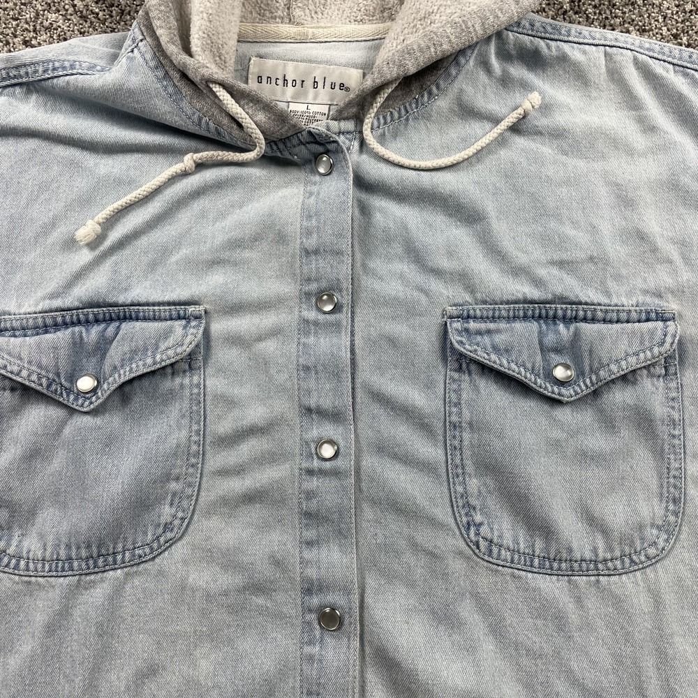 VINTAGE Anchor Blue Shirt Size Large Denim Shacket Hoodie‎ Pearl Snap Y2K Washed - Picture 2 of 8